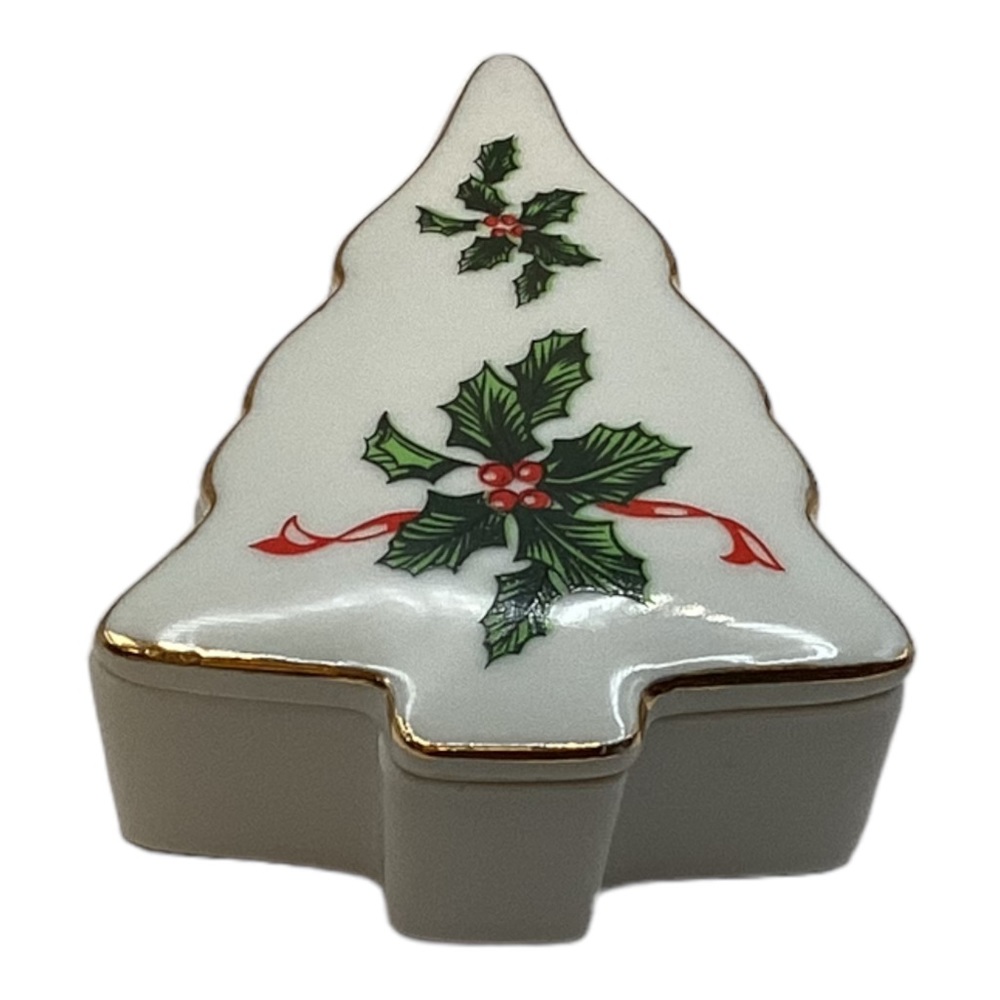 Lefton Christmas Holly Trinket Box Gold Edged 3.25in